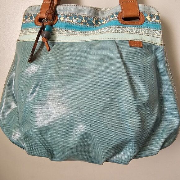 EUC FOSSIL KEY PER COATED CANVAS LIGHT BLUE TOTE / SHOULDER BAG LARGE - Picture 3 of 16